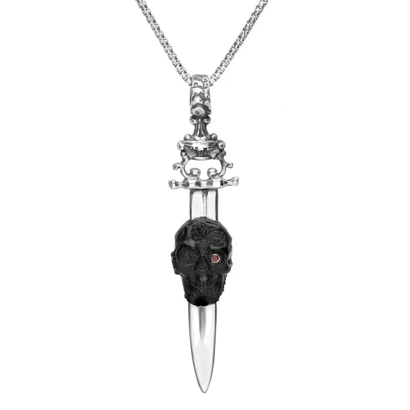 Sterling Silver Whitby Jet Unique Skull With Blade Necklace