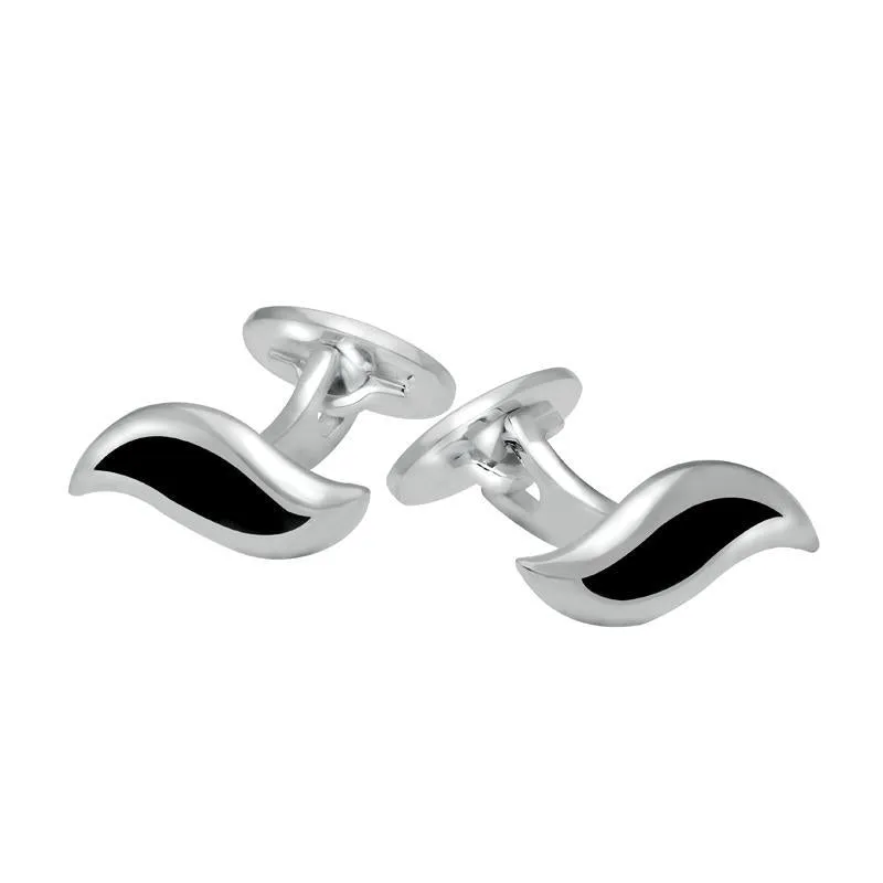 Sterling Silver Whitby Jet Wave Link Cufflinks