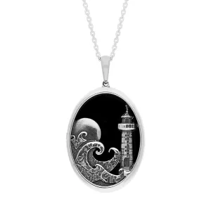 Sterling Silver Whitby Jet Whitby Lighthouse Oval Necklace
