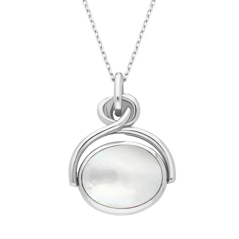 Sterling Silver Whitby Jet White Mother of Pearl Oval Swivel Fob Necklace