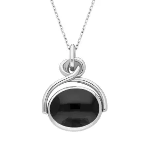 Sterling Silver Whitby Jet White Mother of Pearl Oval Swivel Fob Necklace