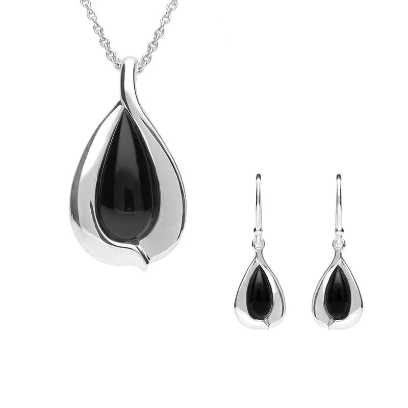 Sterling Silver Whitby Jet Wide Edge Pear Two Piece Set