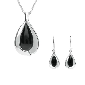 Sterling Silver Whitby Jet Wide Edge Pear Two Piece Set
