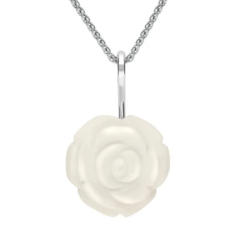Sterling Silver White Agate Tuberose 20mm Rose Necklace