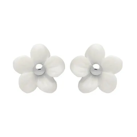 Sterling Silver White Agate Tuberose 8mm Pansy Stud Earrings