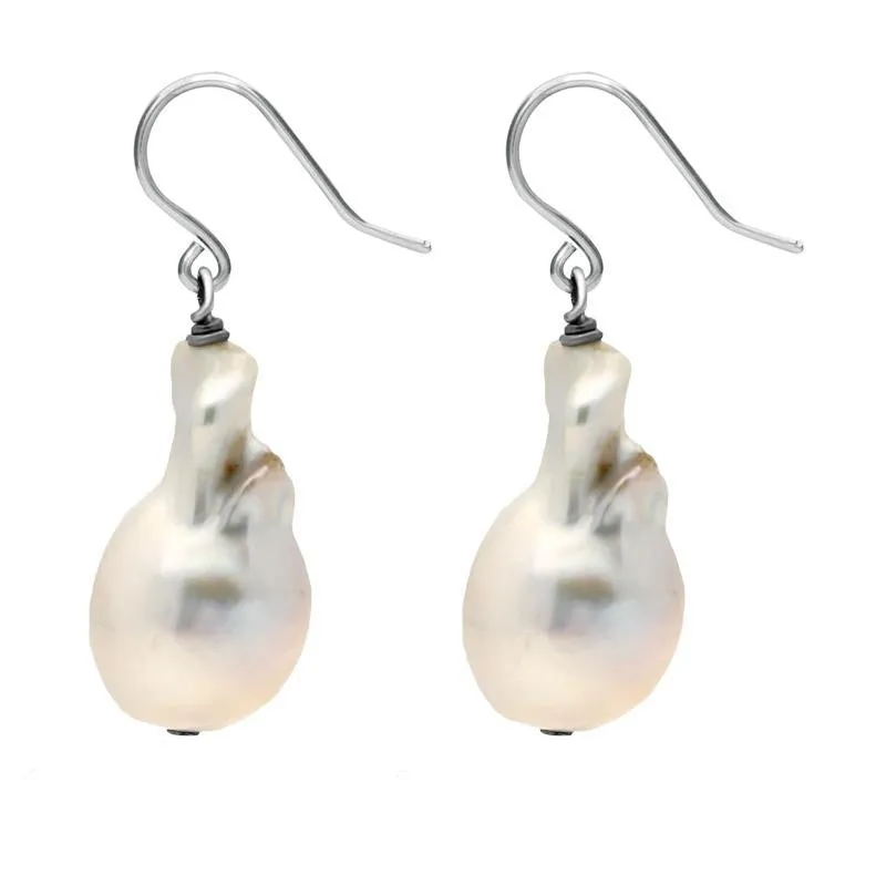Sterling Silver White Baroque Pearl Hook Drop Earrings