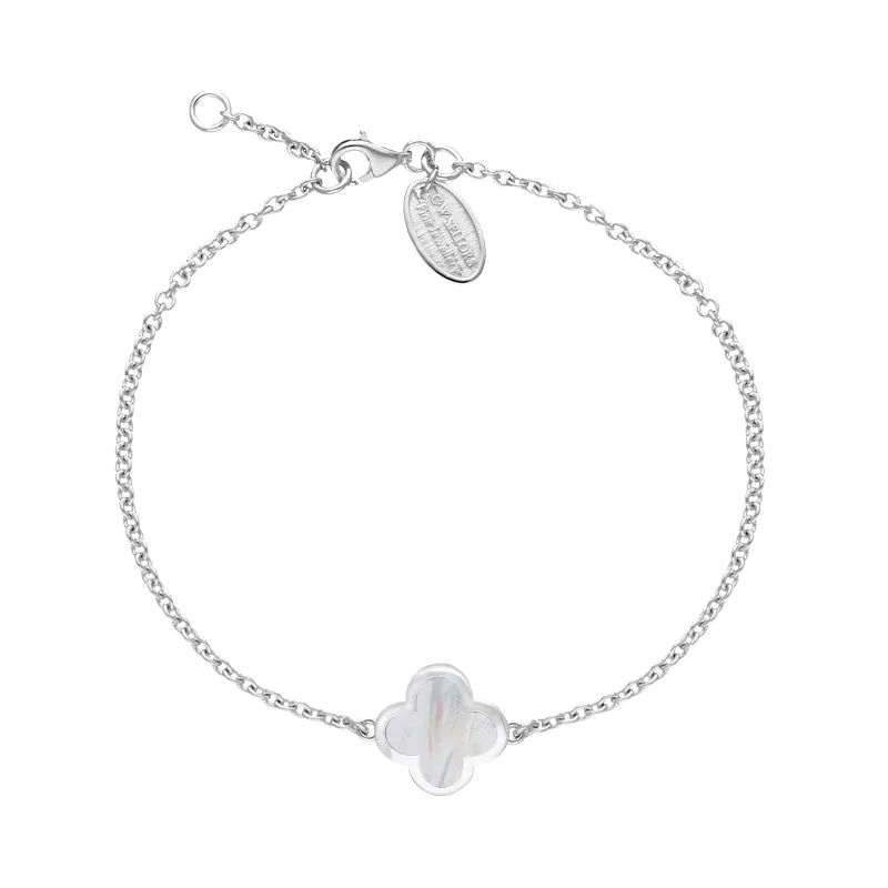Sterling Silver White Mother of Pearl Bloom Four Leaf Clover Polished Edge Bracelet