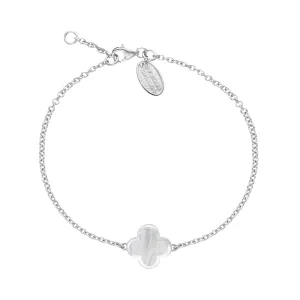 Sterling Silver White Mother of Pearl Bloom Four Leaf Clover Polished Edge Bracelet