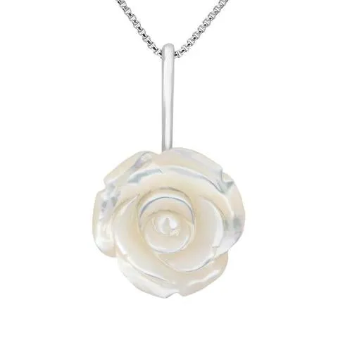 Sterling Silver White Mother of Pearl Tuberose 20mm Rose Necklace