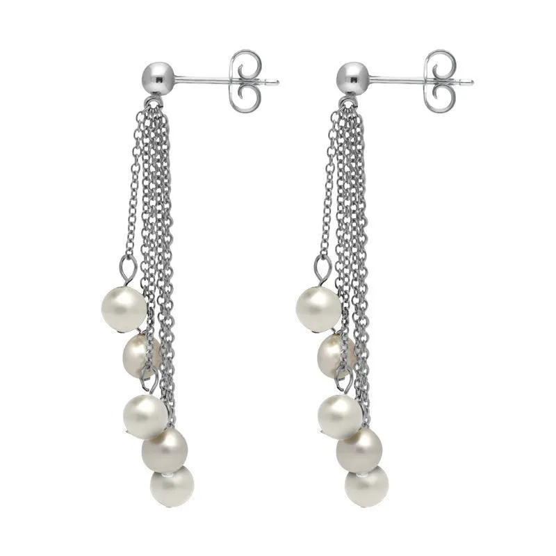 Sterling Silver White Pearl Beaded Tassel Drop Earrings