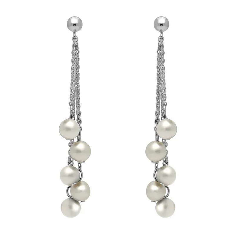 Sterling Silver White Pearl Beaded Tassel Drop Earrings