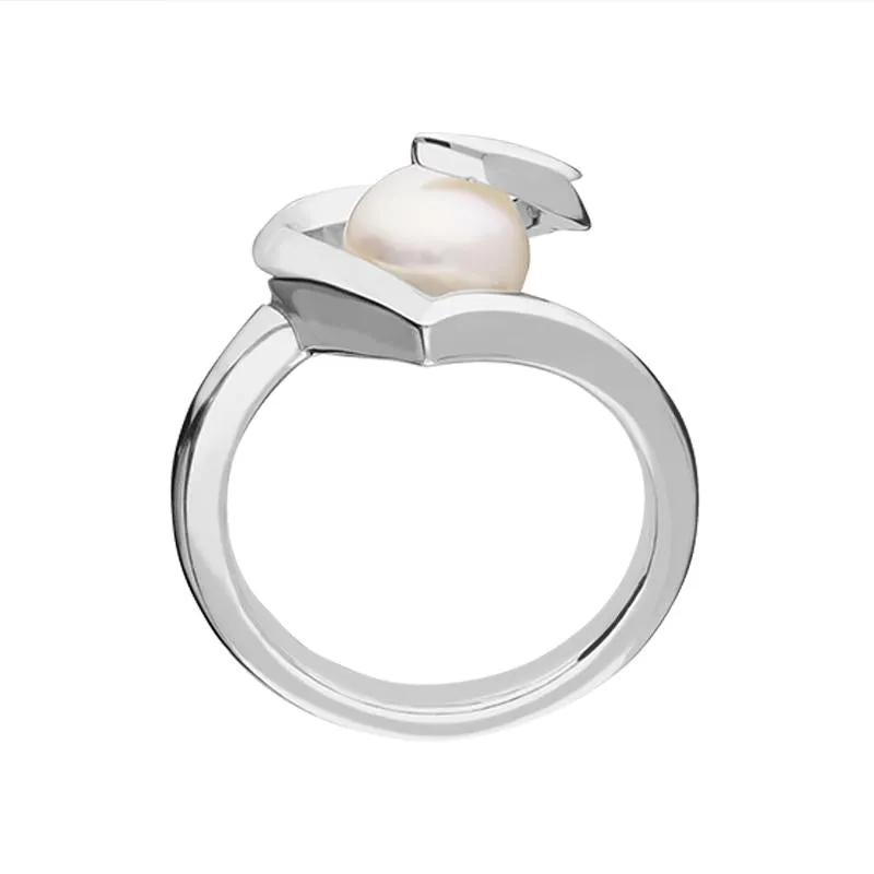 Sterling Silver White Pearl Twisted Open Heart Ring