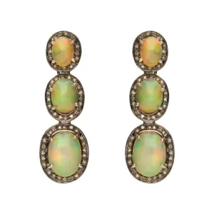 Sterling Silver Yellow Gold Opal Diamond Graduated Drop Earrings