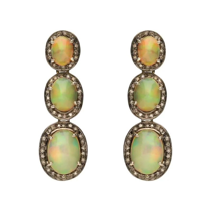 Sterling Silver Yellow Gold Opal Diamond Graduated Drop Earrings
