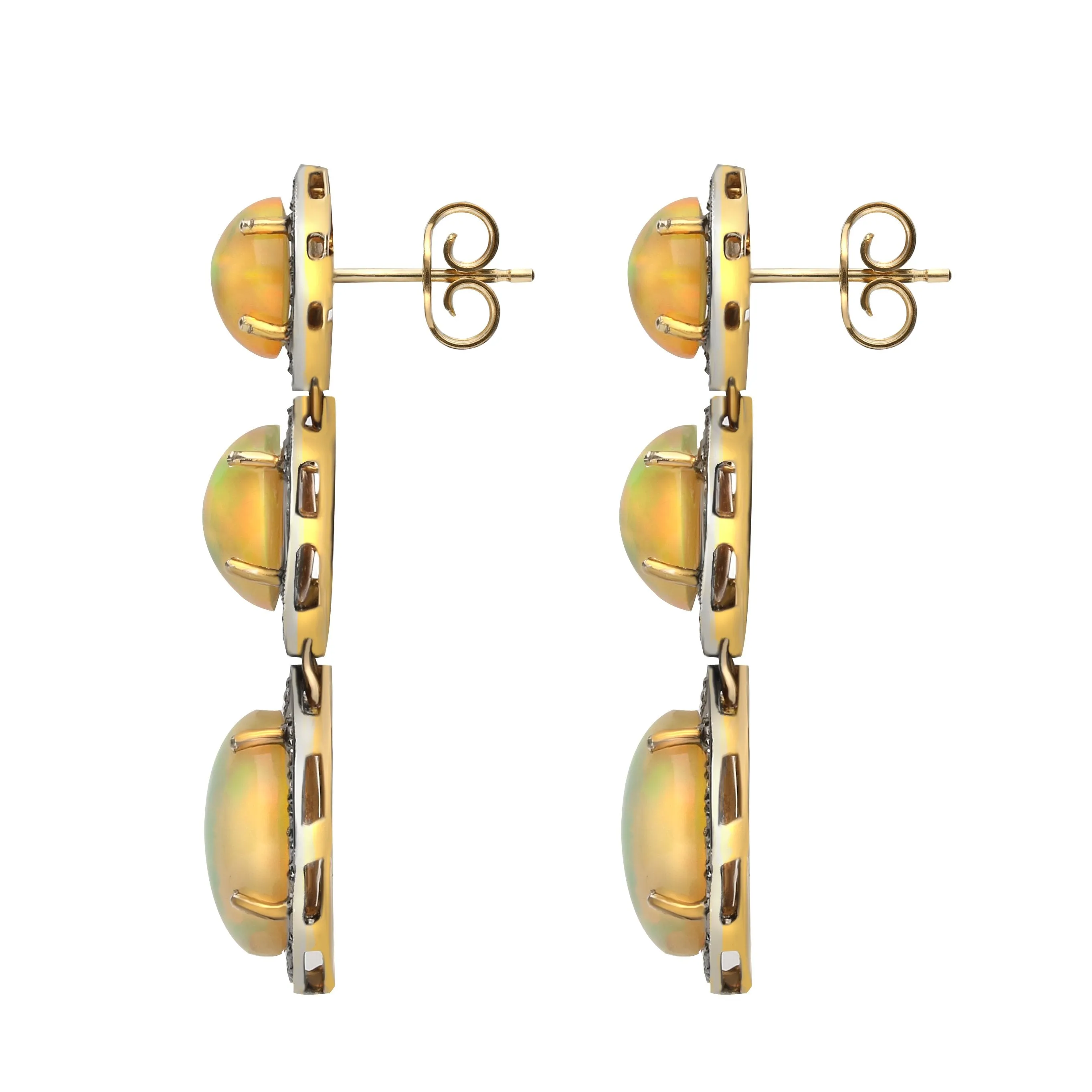 Sterling Silver Yellow Gold Opal Diamond Graduated Drop Earrings