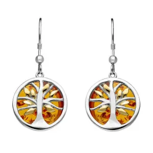 Sterling Silver Yellow Gold Plate Amber Round Tree of Life Drop Earrings