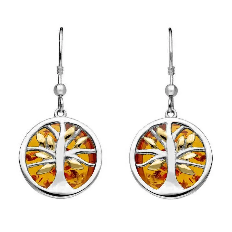 Sterling Silver Yellow Gold Plate Amber Round Tree of Life Drop Earrings