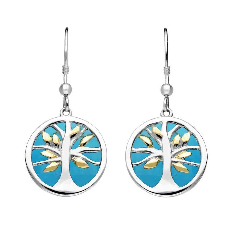 Sterling Silver Yellow Gold Plate Turquoise Medium Round Tree of Life Two Piece Set