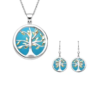 Sterling Silver Yellow Gold Plate Turquoise Medium Round Tree of Life Two Piece Set