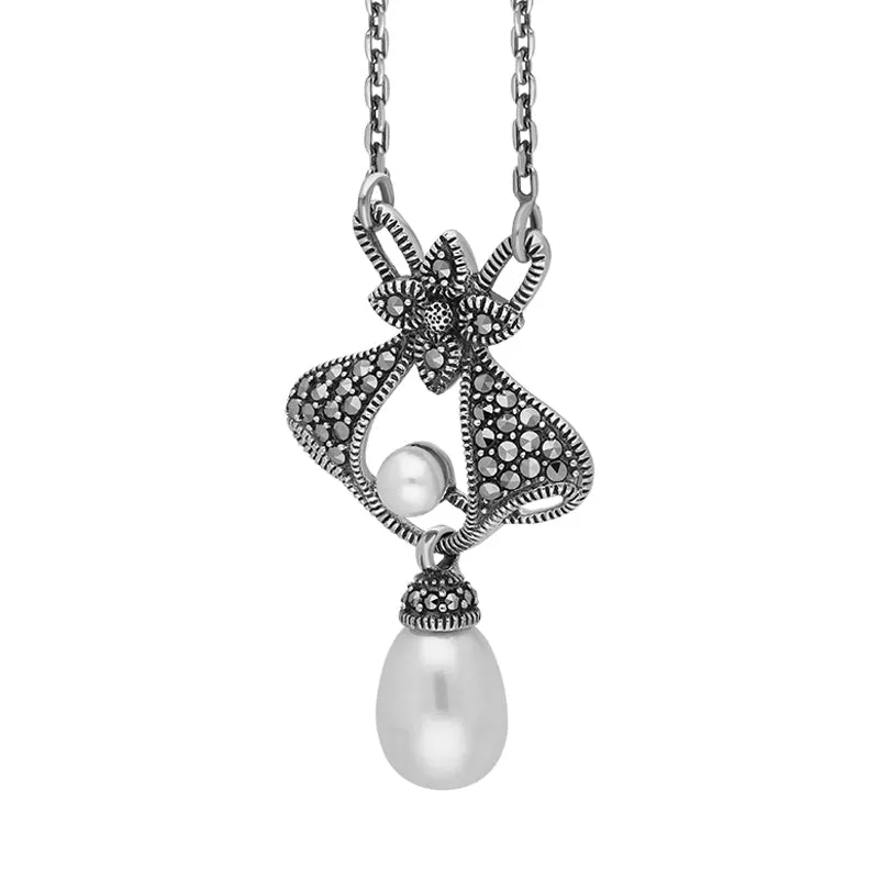 Sterling SilverFreshwater Pearl Marcasite Ornate Fancy Necklace