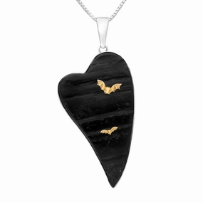 Sterling Silver 9ct Yellow Gold Whitby Jet Rough Heart Bat Necklace
