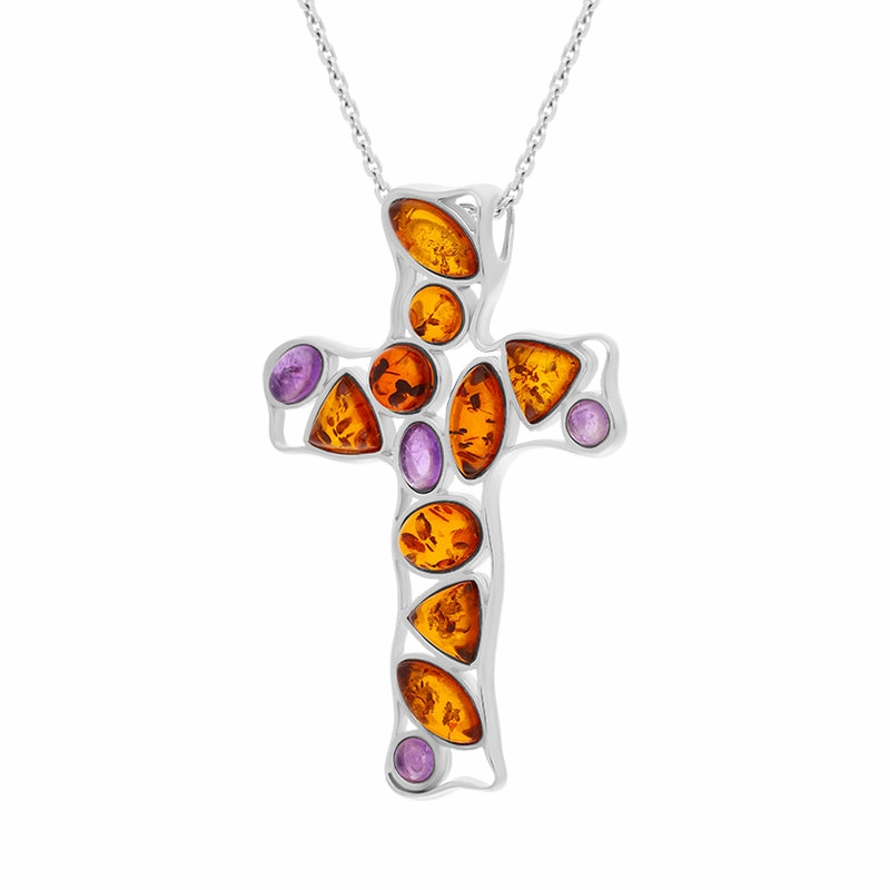 Sterling Silver Amber Amethyst Stone Set Cross Necklace D