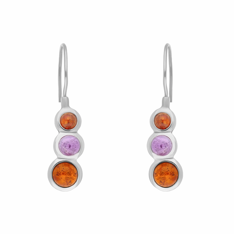 Sterling Silver Amber Amethyst Tapered Round Drop Earrings