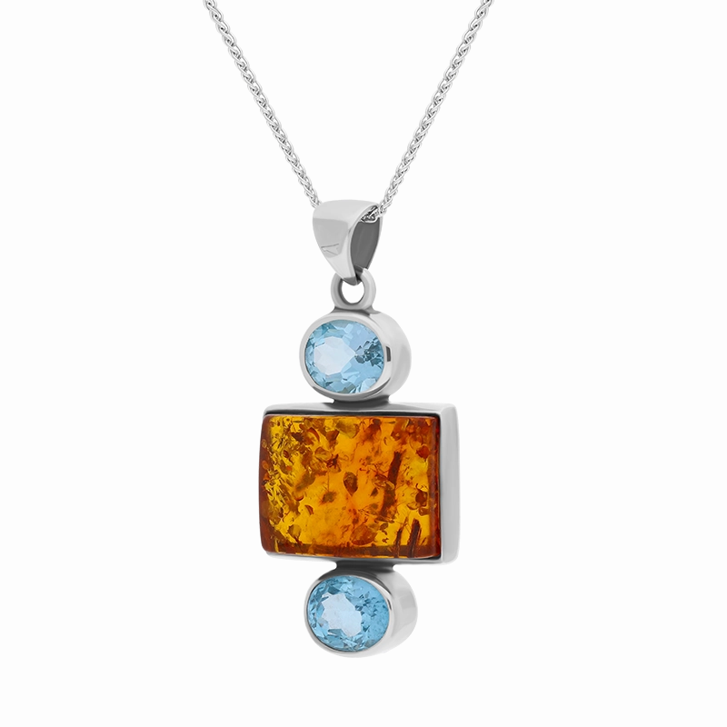 Sterling Silver Amber Blue Topaz Oval Oblong Three Stone Drop Necklace D