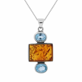 Sterling Silver Amber Blue Topaz Oval Oblong Three Stone Drop Necklace D