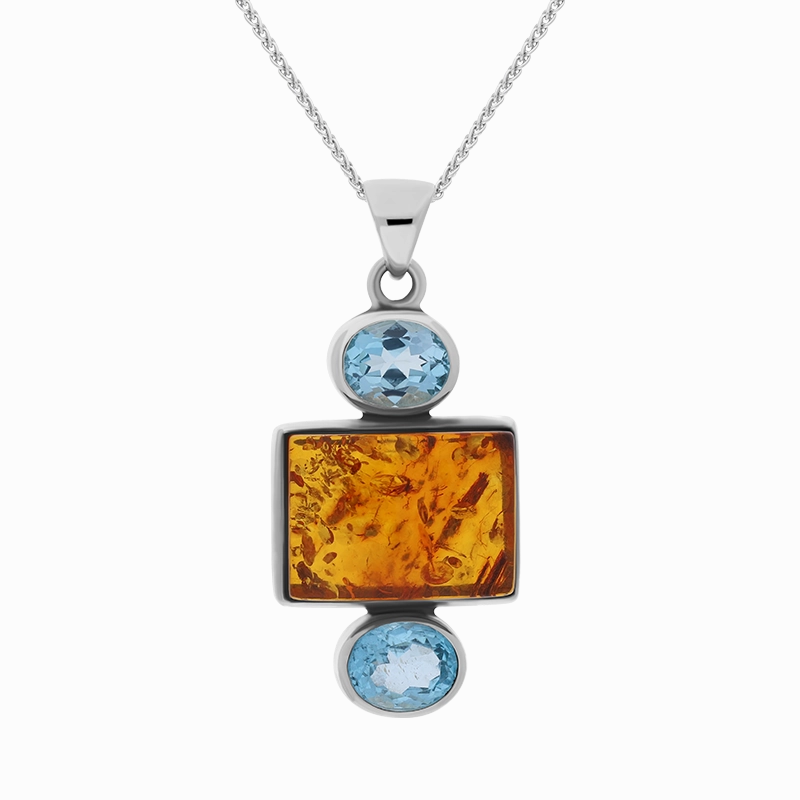 Sterling Silver Amber Blue Topaz Oval Oblong Three Stone Drop Necklace D
