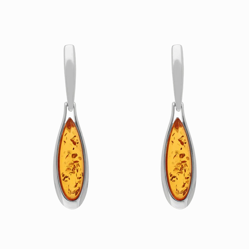 Sterling Silver Amber Long Pear Drop Earrings