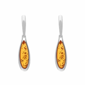 Sterling Silver Amber Long Pear Drop Earrings