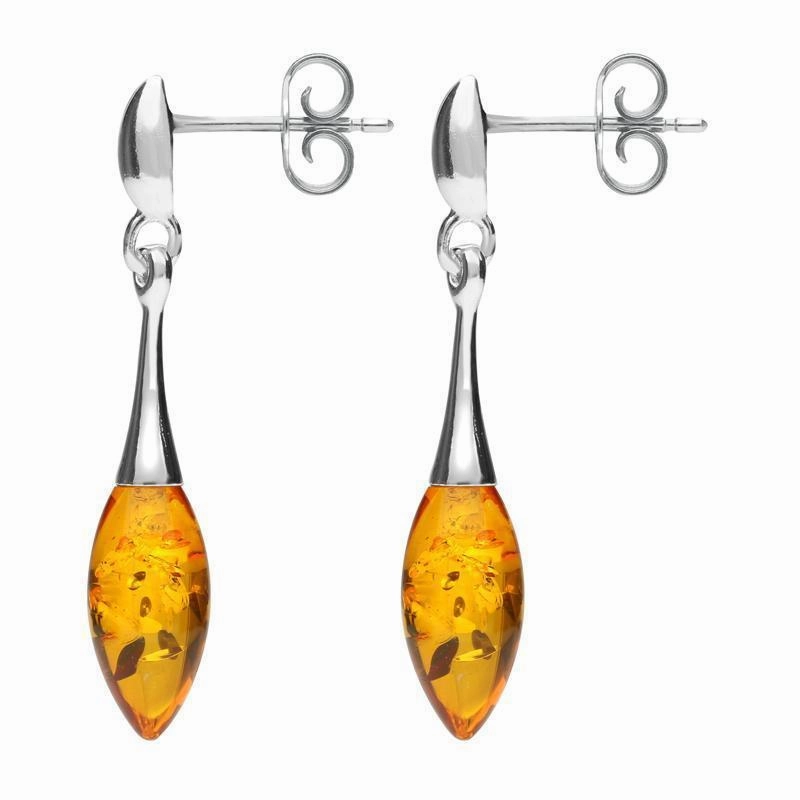 Sterling Silver Amber Long Slim Marquise Drop Stud Earrings