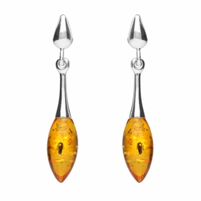 Sterling Silver Amber Long Slim Marquise Drop Stud Earrings