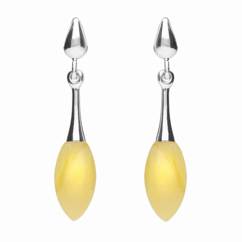 Sterling Silver Amber Long Slim Marquise Drop Stud Earrings