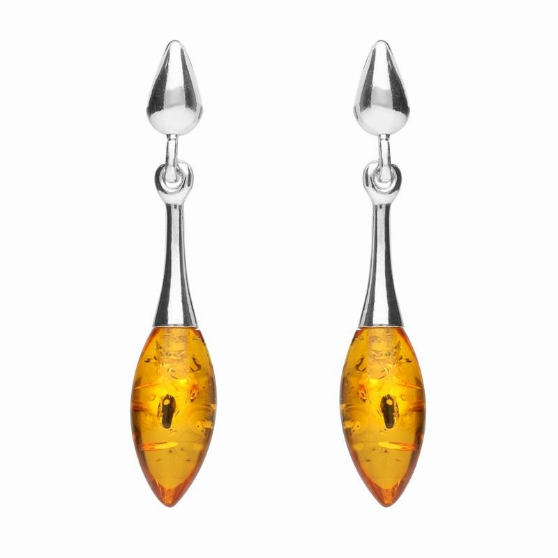 Sterling Silver Amber Long Slim Marquise Drop Stud Earrings