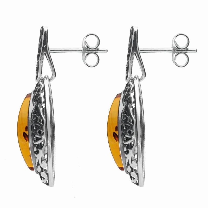 Sterling Silver Amber Ornate Edge Oval Drop Earrings