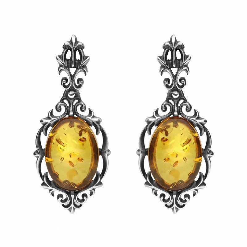 Sterling Silver Amber Oval Drop Earrings