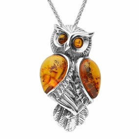 Sterling Silver Amber Owl Necklace