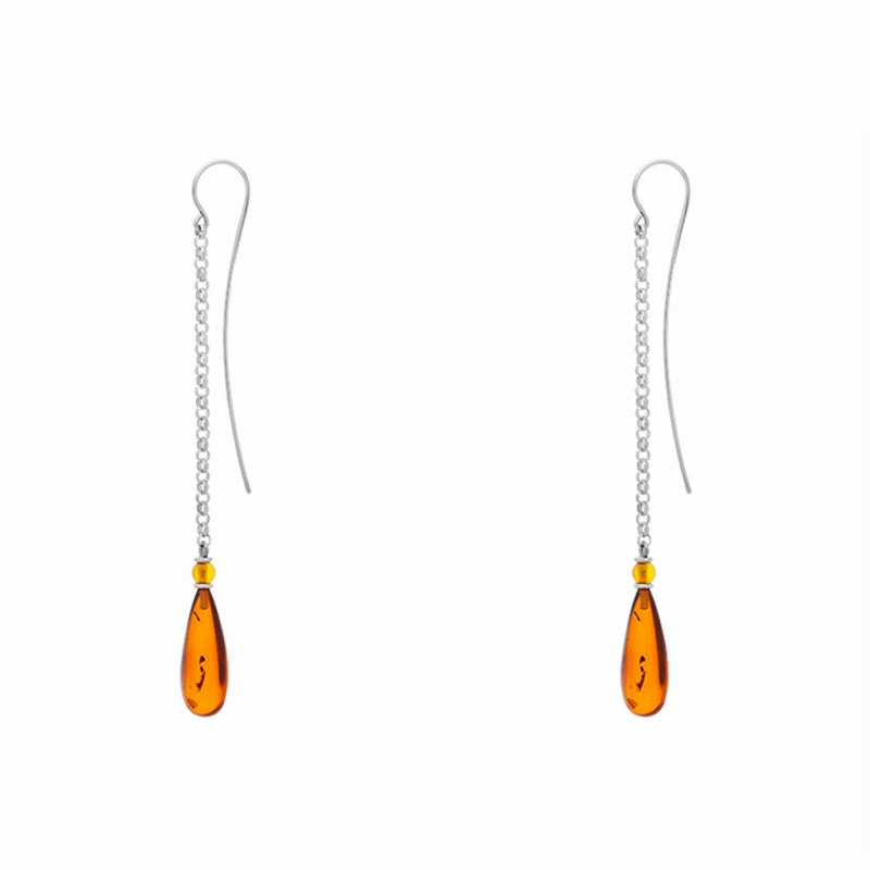 Sterling Silver Amber Pear Shaped Chain Drop Earrings D
