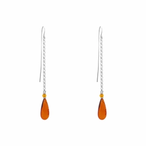 Sterling Silver Amber Pear Shaped Chain Drop Earrings D