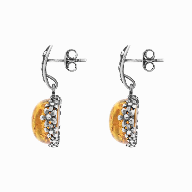 Sterling Silver Amber Round Flower Edge Drop Earrings