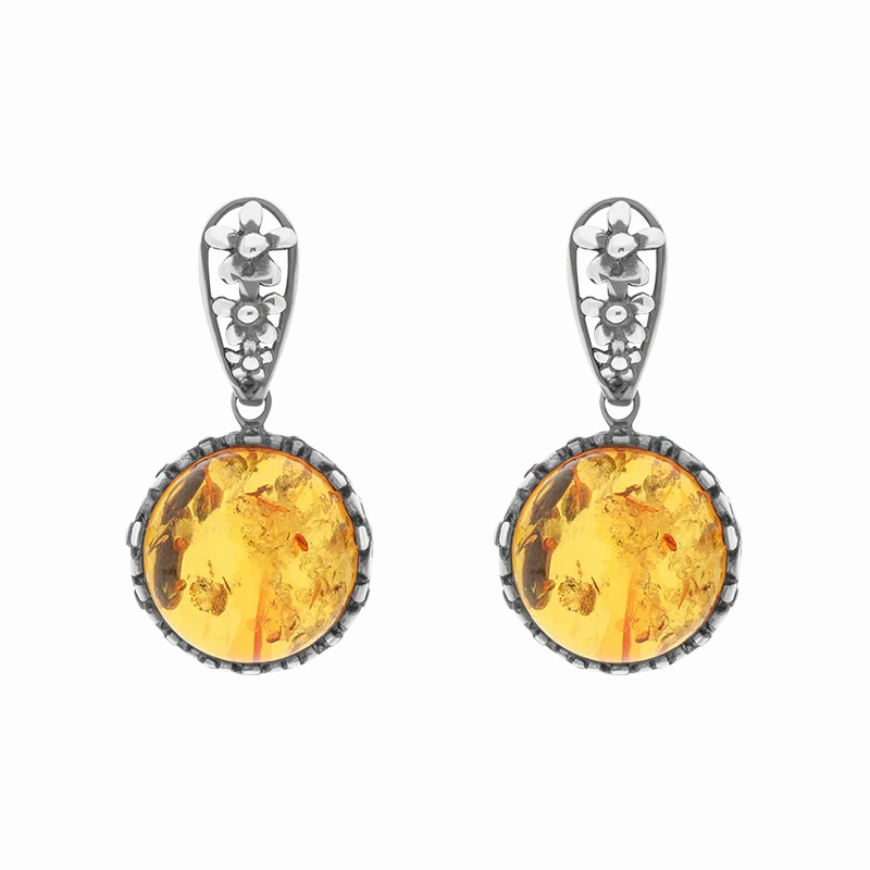 Sterling Silver Amber Round Flower Edge Drop Earrings