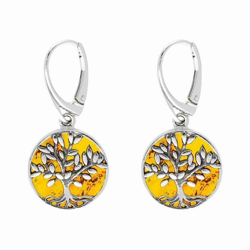Sterling Silver Amber Round Large Tree of Life Leaves Drop Earrings