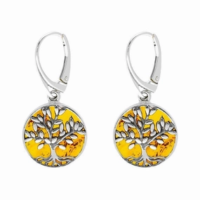 Sterling Silver Amber Round Large Tree of Life Leaves Drop Earrings