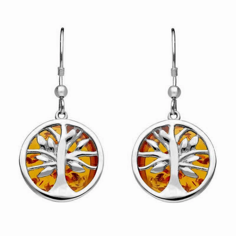 Sterling Silver Amber Round Tree Drop Earrings