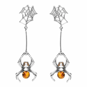 Sterling Silver Amber Spider Web Drop Earrings