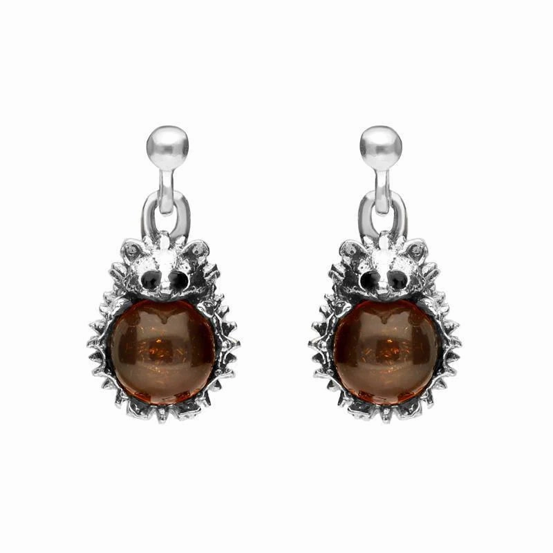 Sterling Silver Amber Tiny Hedgehog Drop Earrings