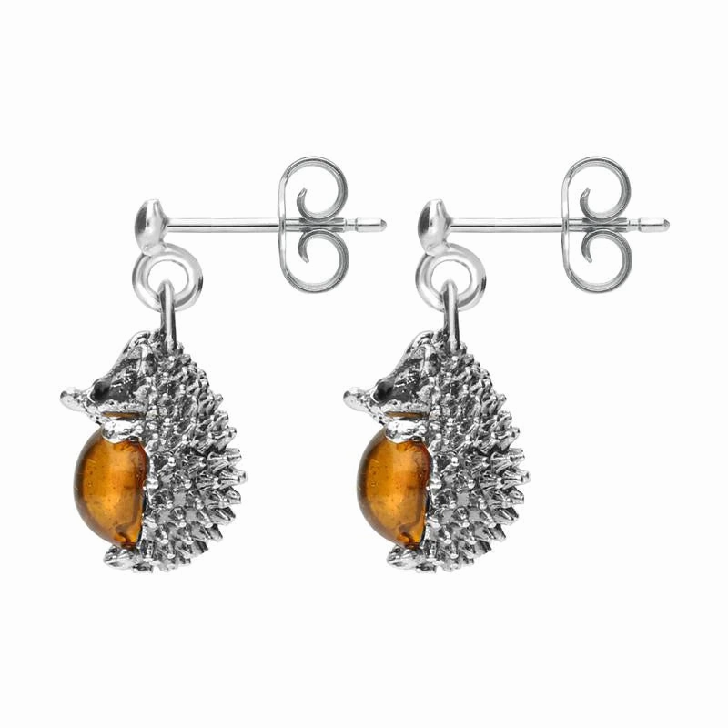 Sterling Silver Amber Tiny Hedgehog Drop Earrings