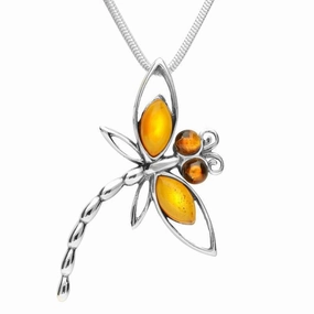 Sterling Silver Amber Top Wing Dragonfly Necklace